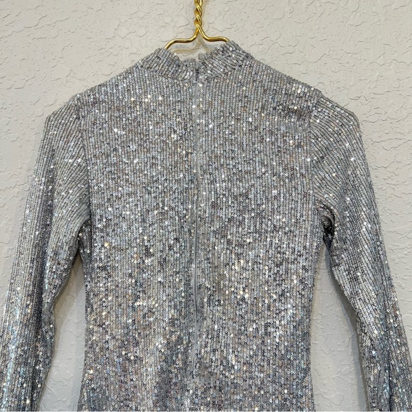 Abercrombie & Fitch Silver Sequin Long Sleeve Mock Neck Mini Dress NWT - Picture 6 of 12